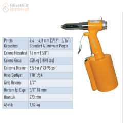 Unoair AT6015 Pop Perçin Tabancası 2.4 ... 4.8 mm 1/4'' 16 Mm